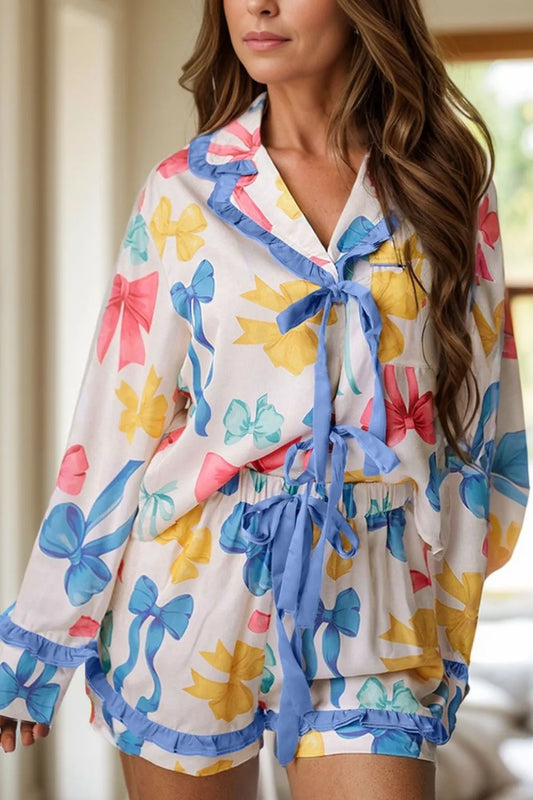 Bow Print Collared Neck Top and Shorts Lounge Set - Treasured Gift's & More
