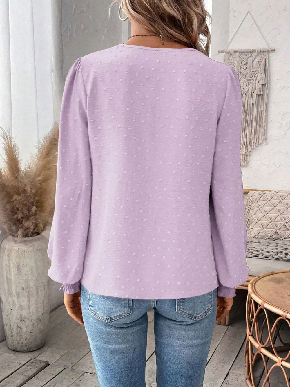 Swiss Dot Lace Detail Notched Long Sleeve Blouse - Treasured Gift's & More