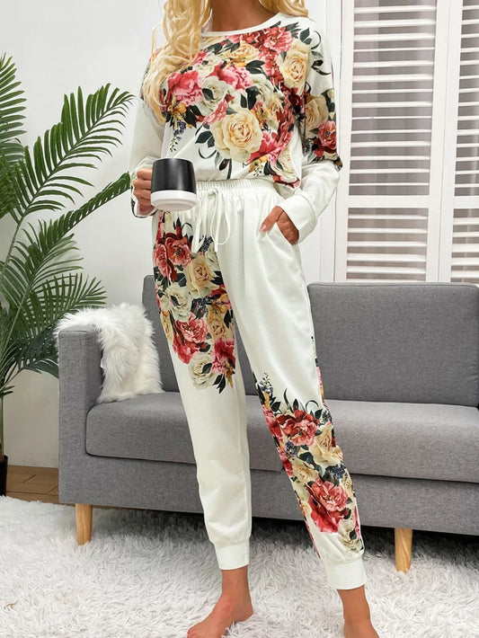 Shiny Printed Round Neck Top and Pants Lounge Set - Treasured Gift's & More