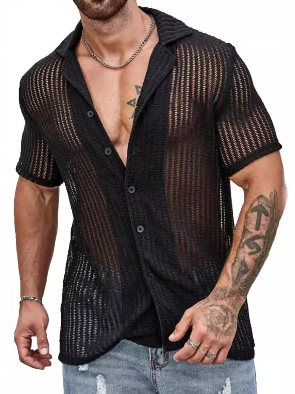 Men's Full Size Openwork Button Down Short Sleeve Shirt Plus Size - Treasured Gift's & More