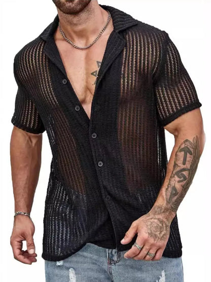 Men's Full Size Openwork Button Down Short Sleeve Shirt Plus Size - Treasured Gift's & More