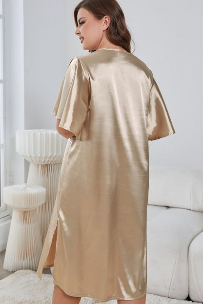 Plus Size Flutter Sleeve V-Neck Side Slit Night Gown - Treasured Gift's & More
