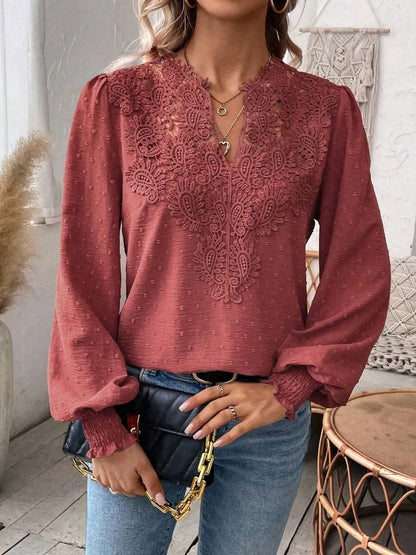 Swiss Dot Lace Detail Notched Long Sleeve Blouse - Treasured Gift's & More