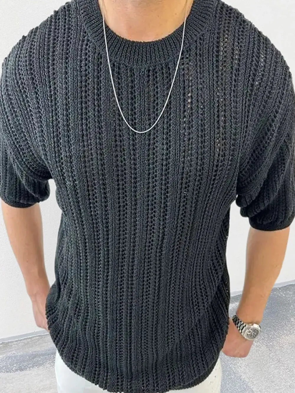 Men's Openwork Round Neck Knit T-Shirt - Treasured Gift's & More