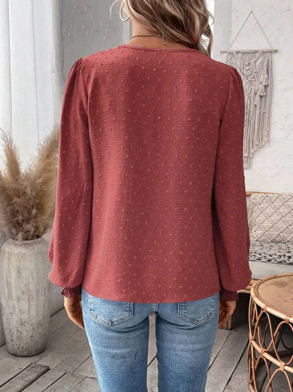 Swiss Dot Lace Detail Notched Long Sleeve Blouse - Treasured Gift's & More