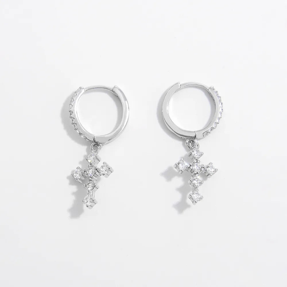 925 Sterling Silver Inlaid Zircon Cross Dangle Earrings - Treasured Gift's & More