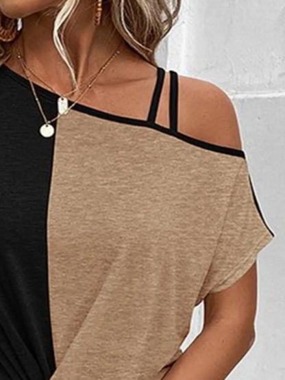 Contrast Asymmetrical Neck Short Sleeve T-Shirt - Treasured Gift's & More