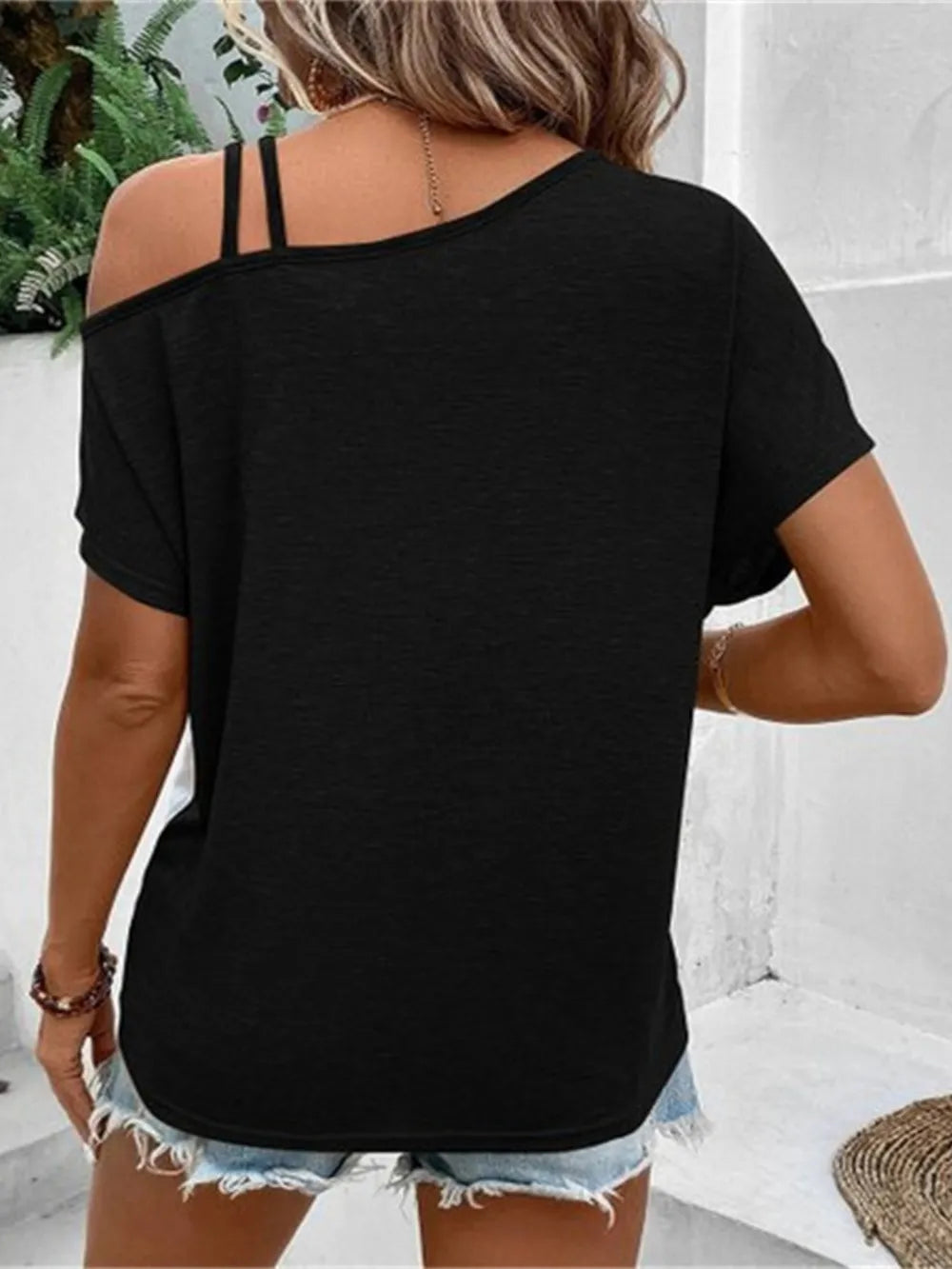Contrast Asymmetrical Neck Short Sleeve T-Shirt - Treasured Gift's & More