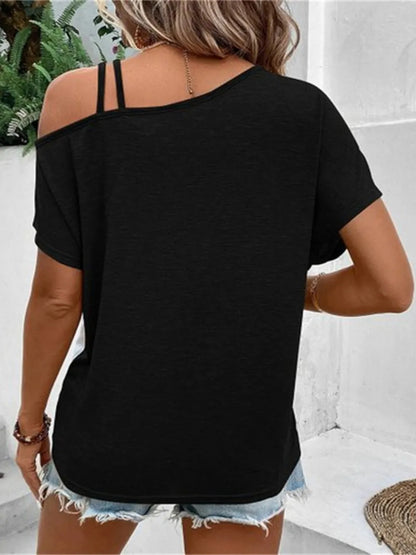 Contrast Asymmetrical Neck Short Sleeve T-Shirt - Treasured Gift's & More