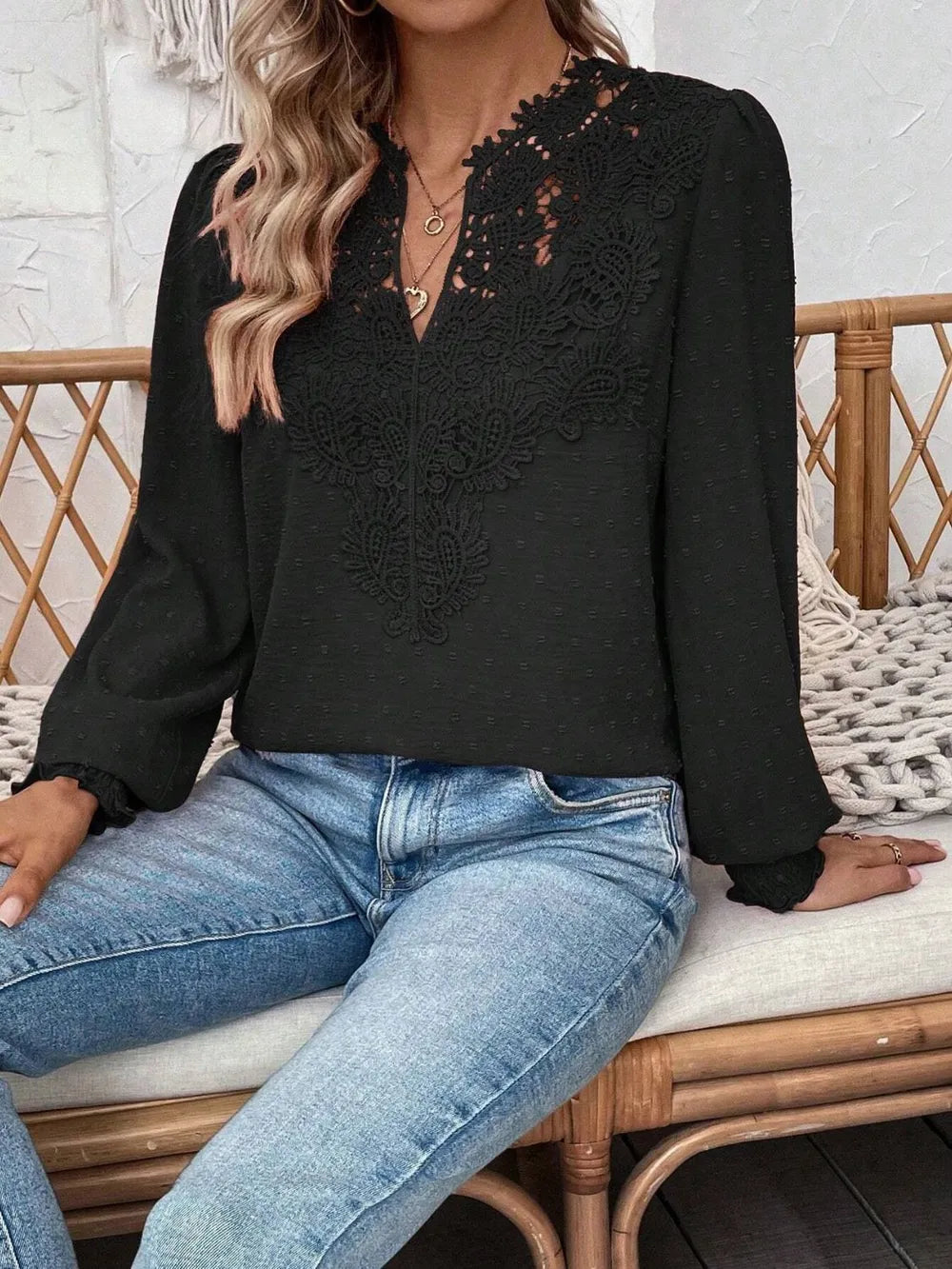 Swiss Dot Lace Detail Notched Long Sleeve Blouse - Treasured Gift's & More