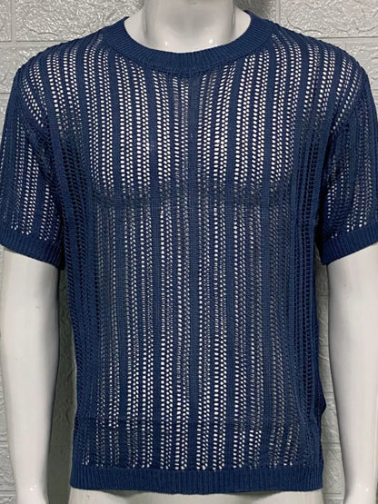Men's Openwork Round Neck Knit T-Shirt - Treasured Gift's & More