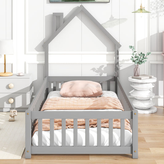 Twin House-Shaped Headboard Floor Bed with Fence Grey