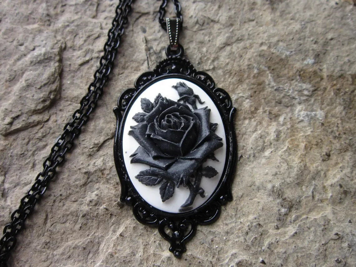 Retro Gothic Style Rose on Black or White Rose on Cameo Necklace
