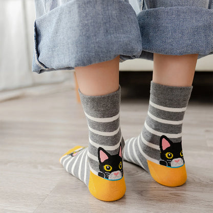 5 Pairs of Women's Crew Socks with Cat Patterns