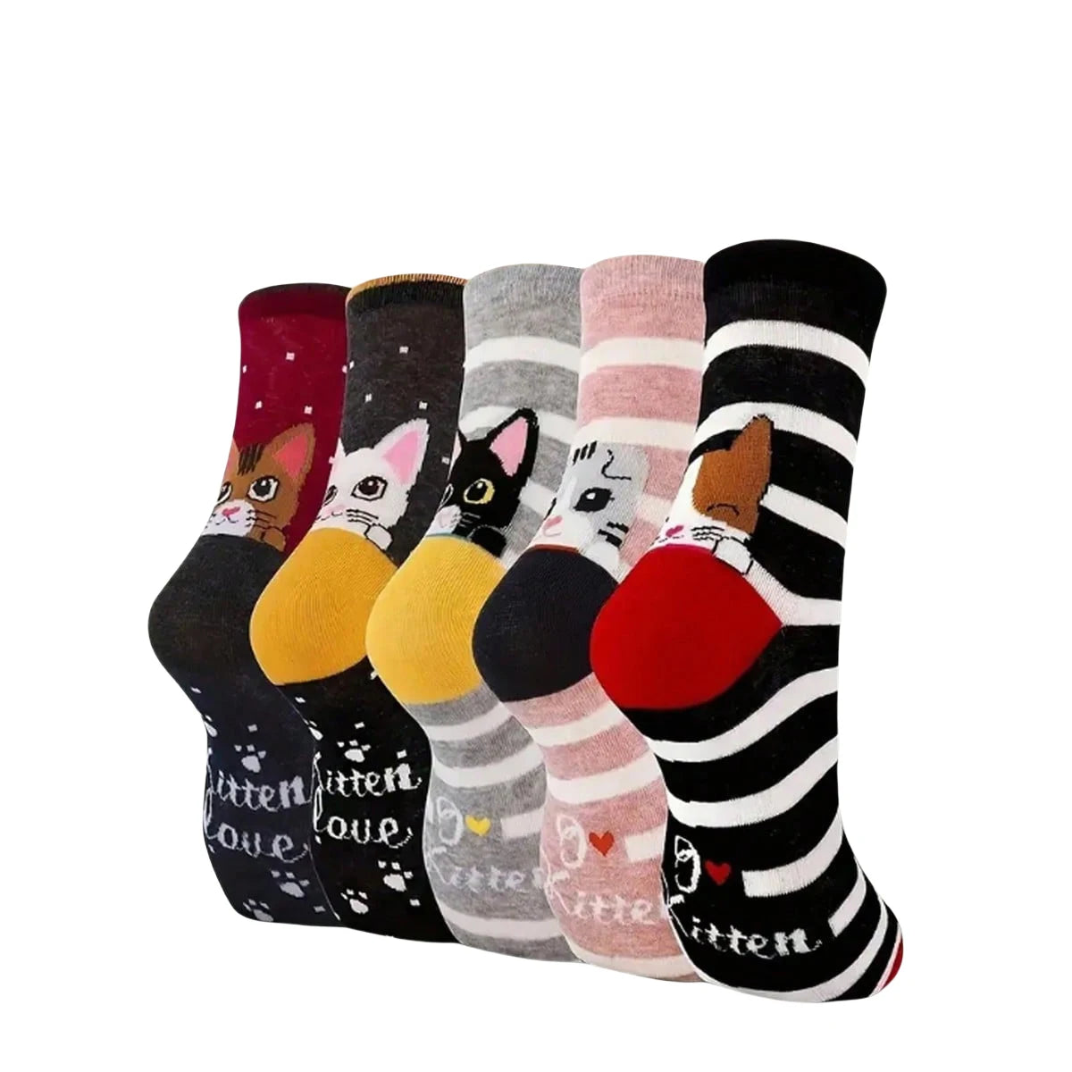 5 Pairs of Women's Crew Socks with Cat Patterns