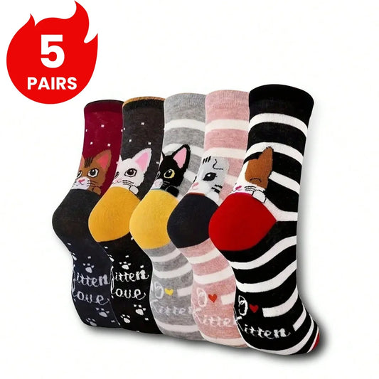 5 Pairs of Women's Crew Socks with Cat Patterns