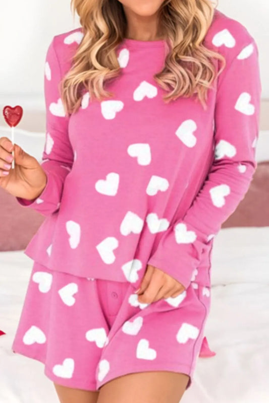 Heart Round Neck Long Sleeve Top and Elastic Waist Shorts Set - Treasured Gift's & More