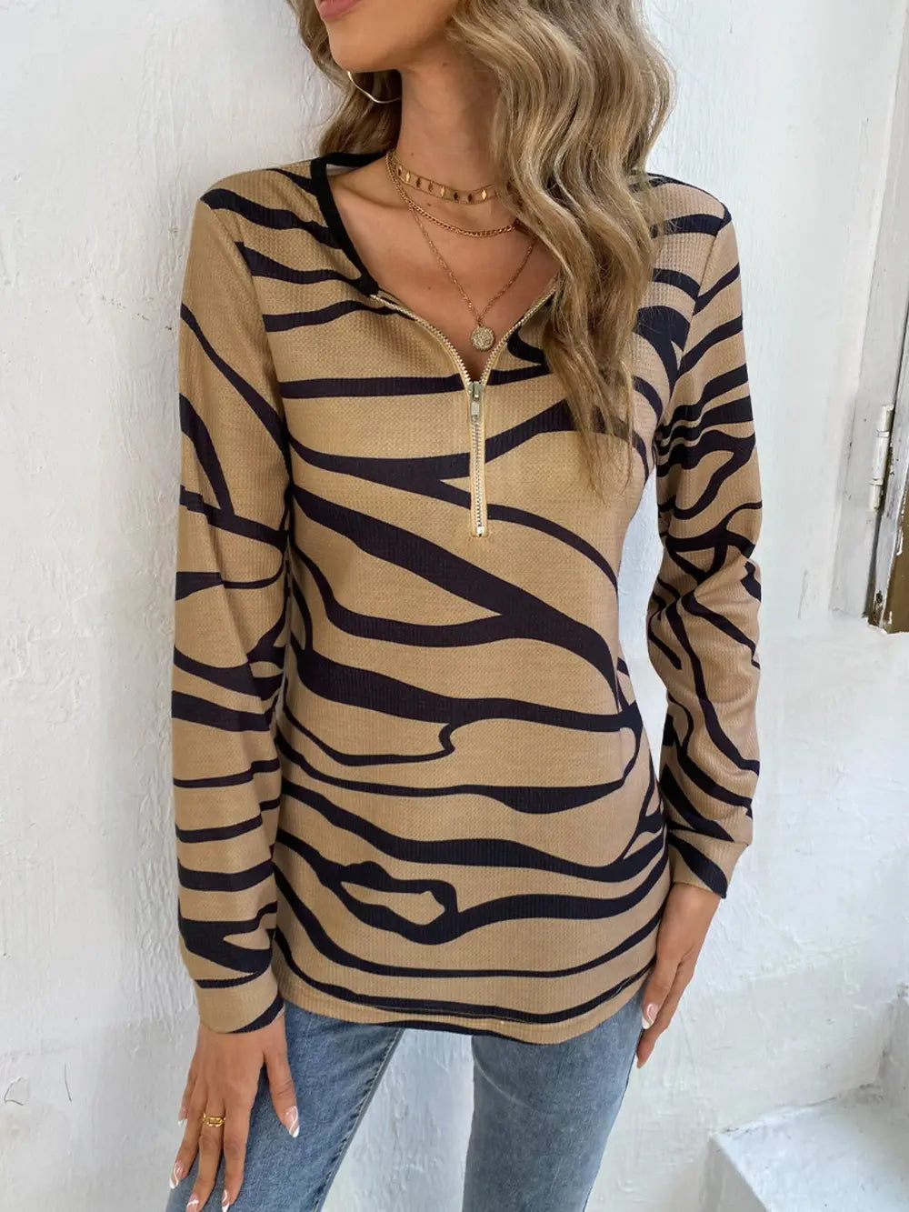 Shiny Printed Half Zip Long Sleeve T-Shirt - Treasured Gift's & More