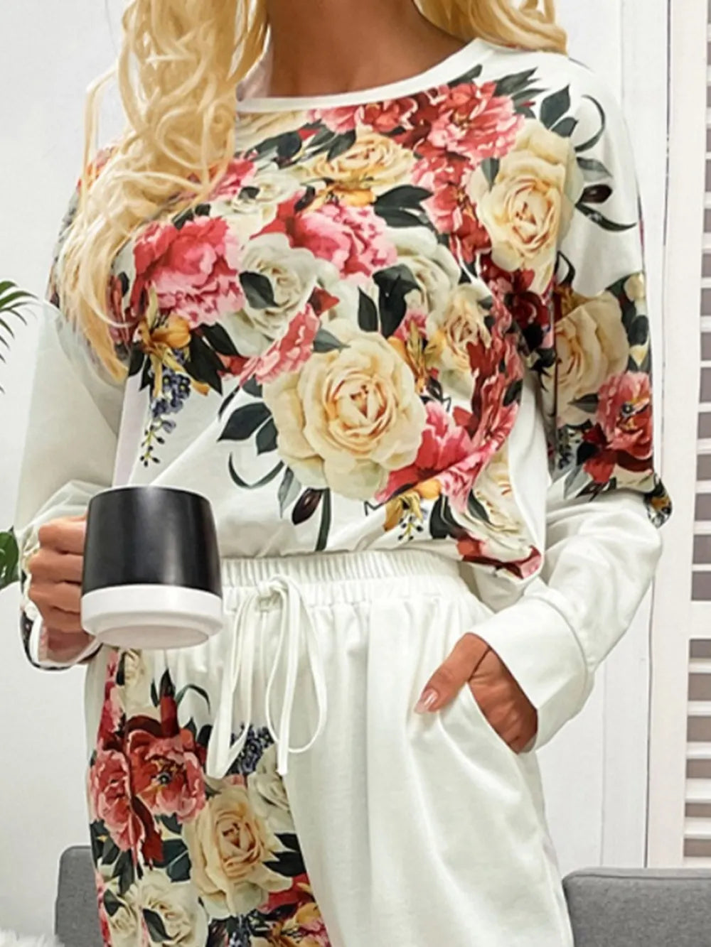 Shiny Printed Round Neck Top and Pants Lounge Set - Treasured Gift's & More