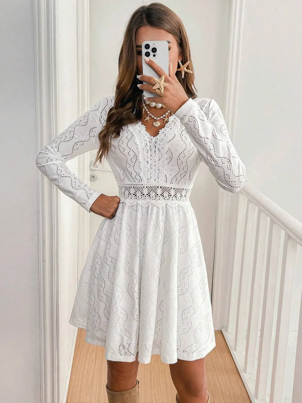 Lace Detail V Neck Long Sleeve Mini Dress - Treasured Gift's & More