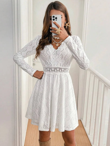 Lace Detail V Neck Long Sleeve Mini Dress - Treasured Gift's & More