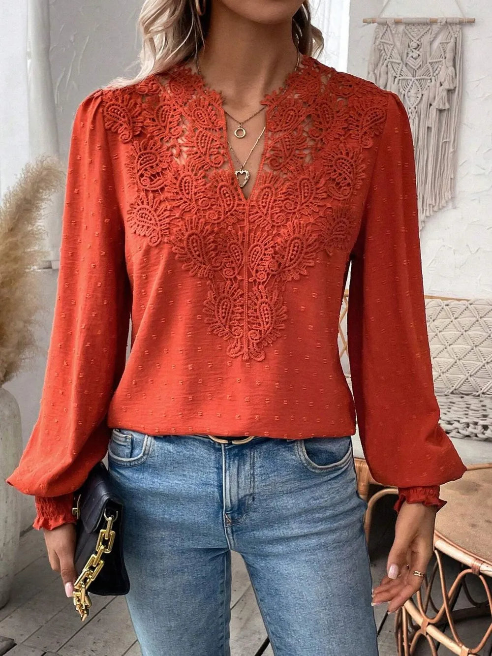 Swiss Dot Lace Detail Notched Long Sleeve Blouse - Treasured Gift's & More