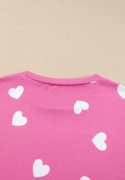 Heart Round Neck Long Sleeve Top and Elastic Waist Shorts Set - Treasured Gift's & More