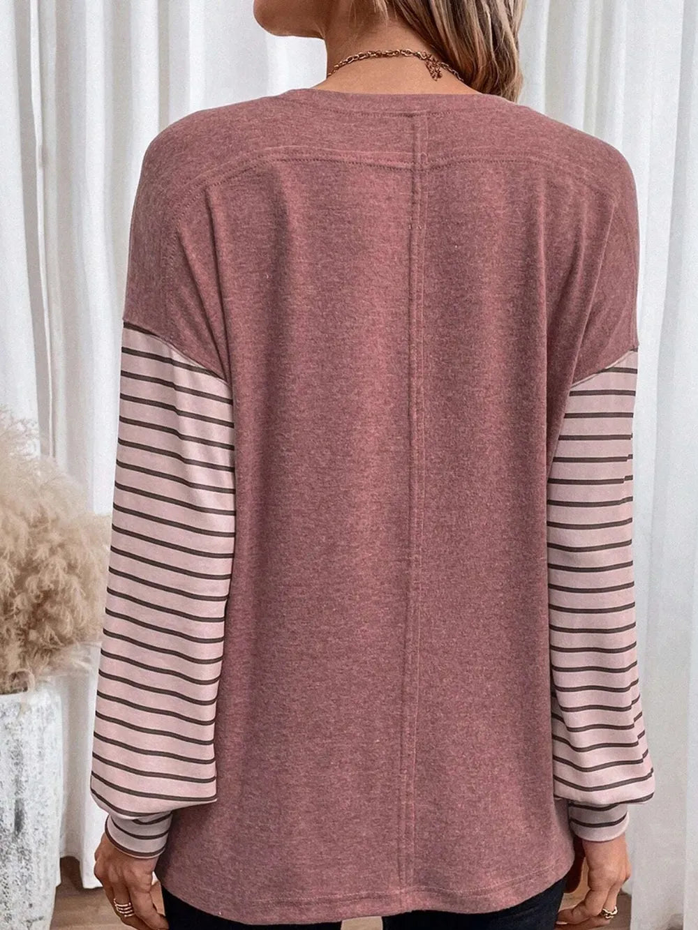 Round Neck Striped Long Sleeve Slit T-Shirt - Treasured Gift's & More