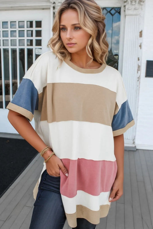 Color Block Patchwork Side Split Tunic T Shirt - Treasured Gift's & More