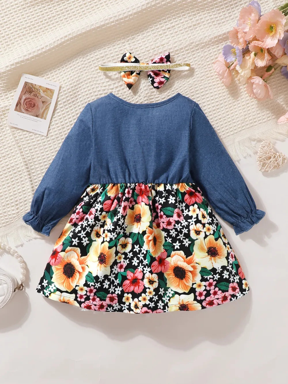 Children's Ruffled Bow Contrast Floral Dress with Headband - Treasured Gift's & More