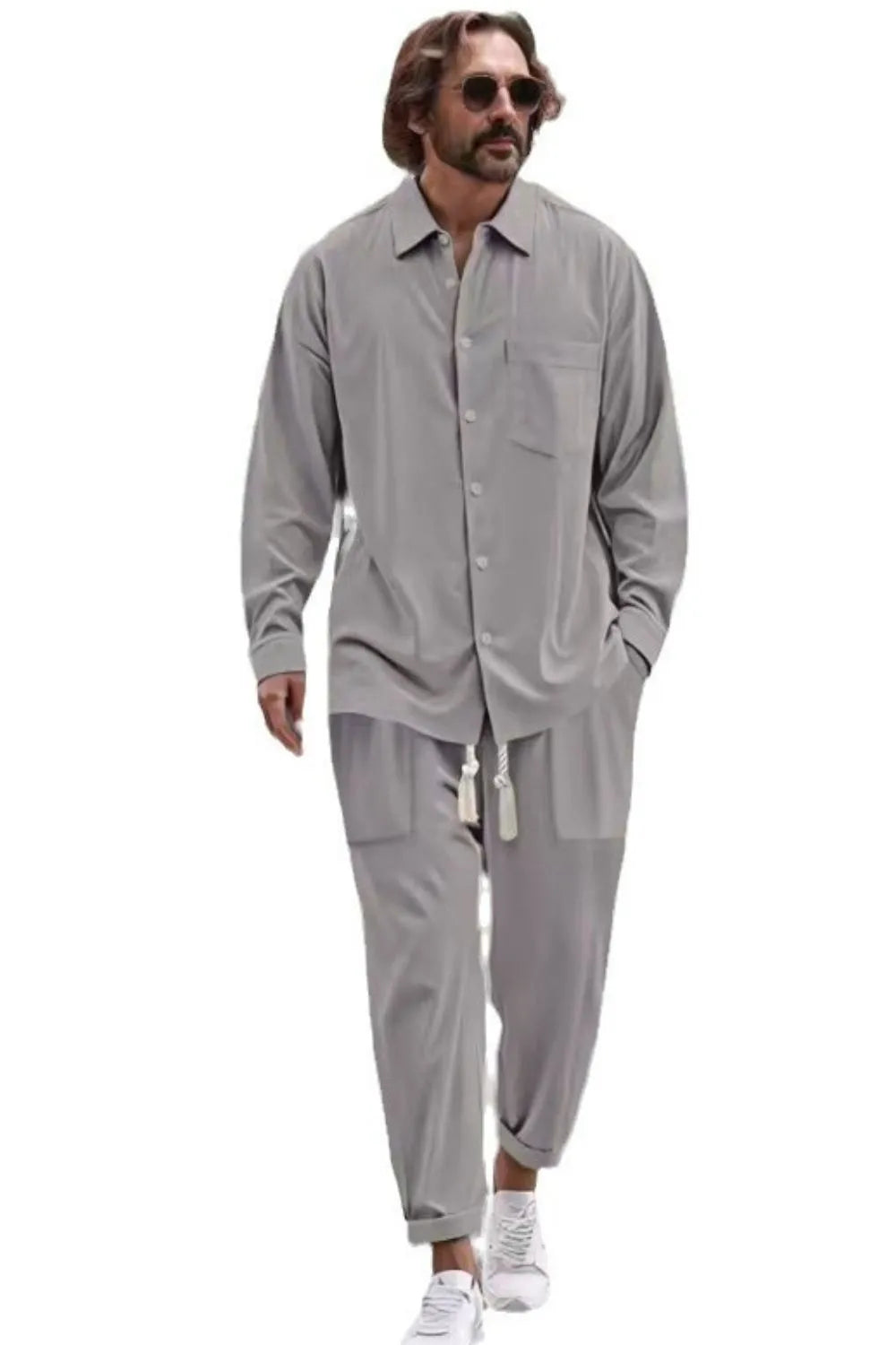 Men's Collared Neck Long Sleeve Top and Pants Set Plus Size - Treasured Gift's & More