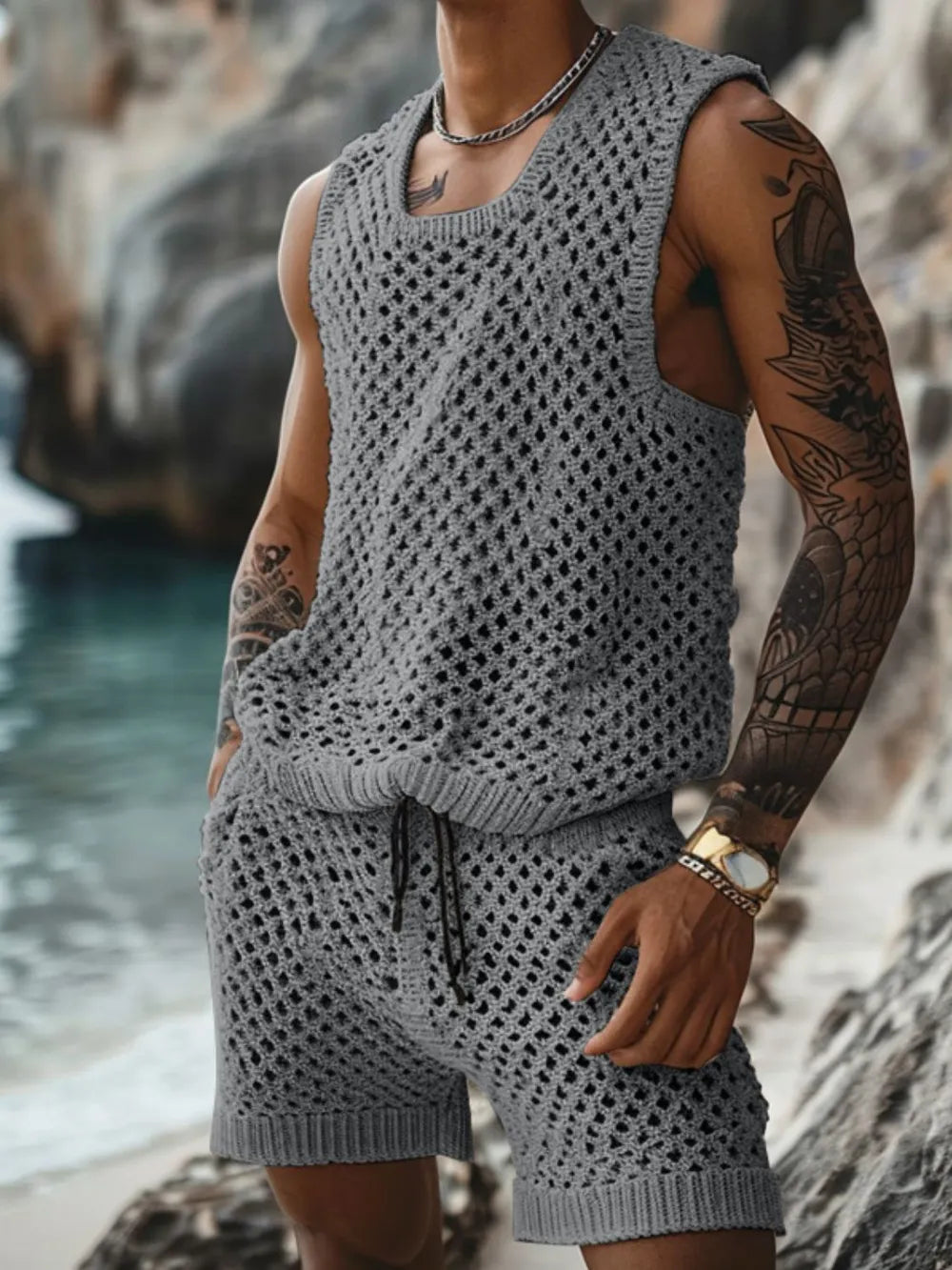 Men's Plus Size Hollow Out Round Neck Tank and Shorts Set - Treasured Gift's & More