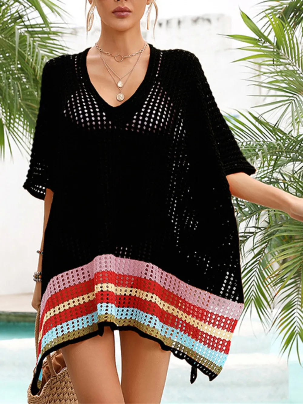 Slit Openwork V-Neck Half Sleeve Cover-Up - Treasured Gift's & More