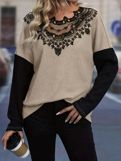 Contrast Lace Round Neck Long Sleeve T-Shirt - Treasured Gift's & More