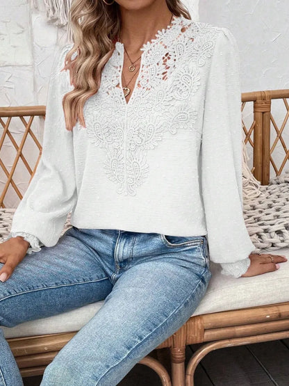 Swiss Dot Lace Detail Notched Long Sleeve Blouse - Treasured Gift's & More