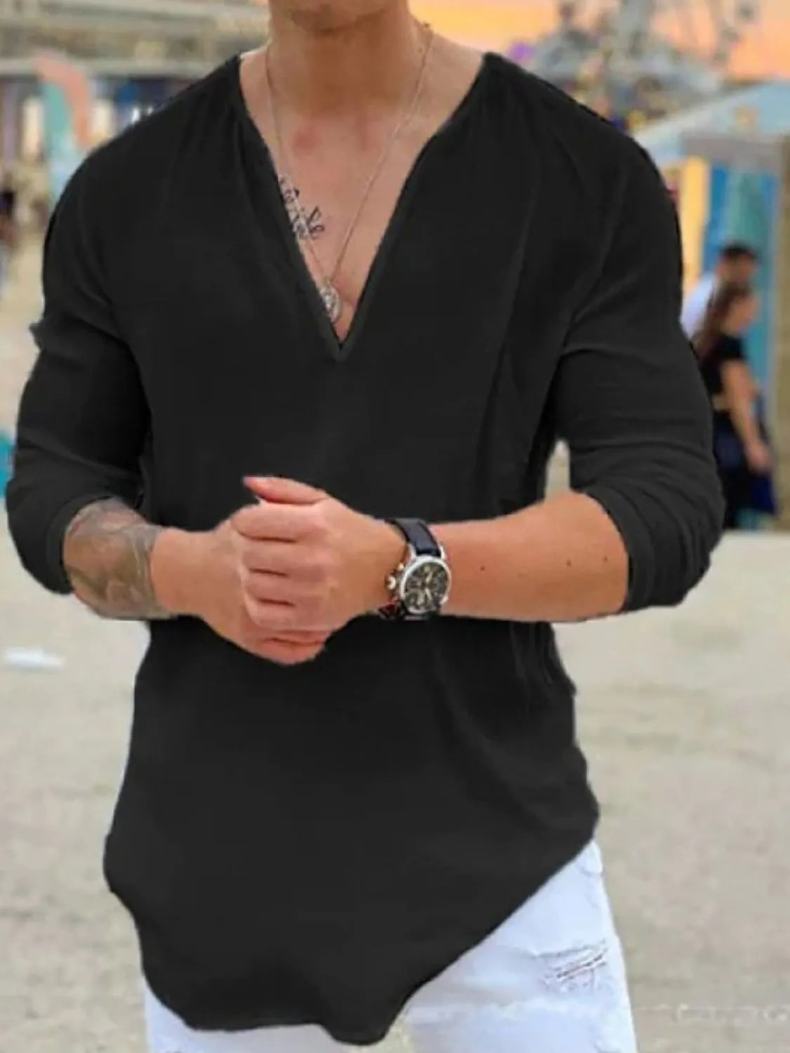 Men's Full Size V-Neck Long Sleeve Top Plus Size - Treasured Gift's & More