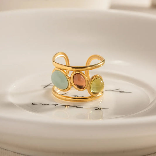 18K Gold-Plated Gemstone Open Cuff Ring - Treasured Gift's & More