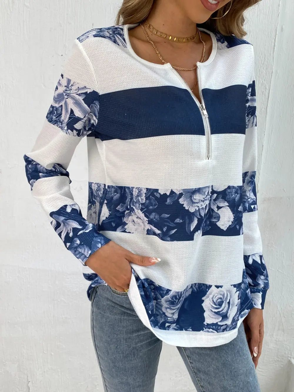 Shiny Printed Half Zip Long Sleeve T-Shirt - Treasured Gift's & More