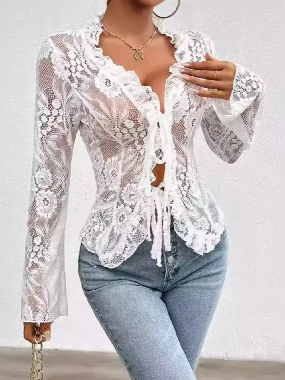 Tied V-Neck Long Sleeve Lace Top - Treasured Gift's & More