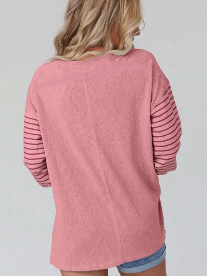 Round Neck Striped Long Sleeve Slit T-Shirt - Treasured Gift's & More