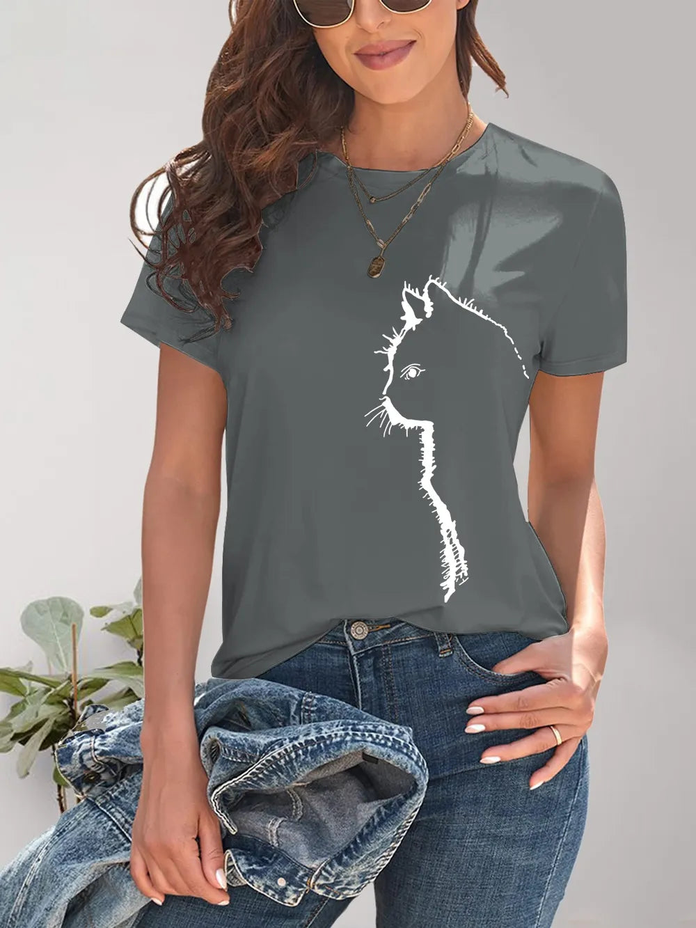 Cat Round Neck Short Sleeve T-Shirt - Treasured Gift's & More