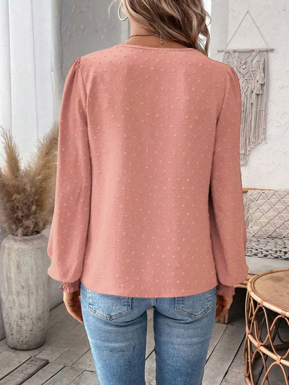 Swiss Dot Lace Detail Notched Long Sleeve Blouse - Treasured Gift's & More