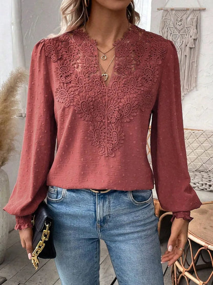 Swiss Dot Lace Detail Notched Long Sleeve Blouse - Treasured Gift's & More