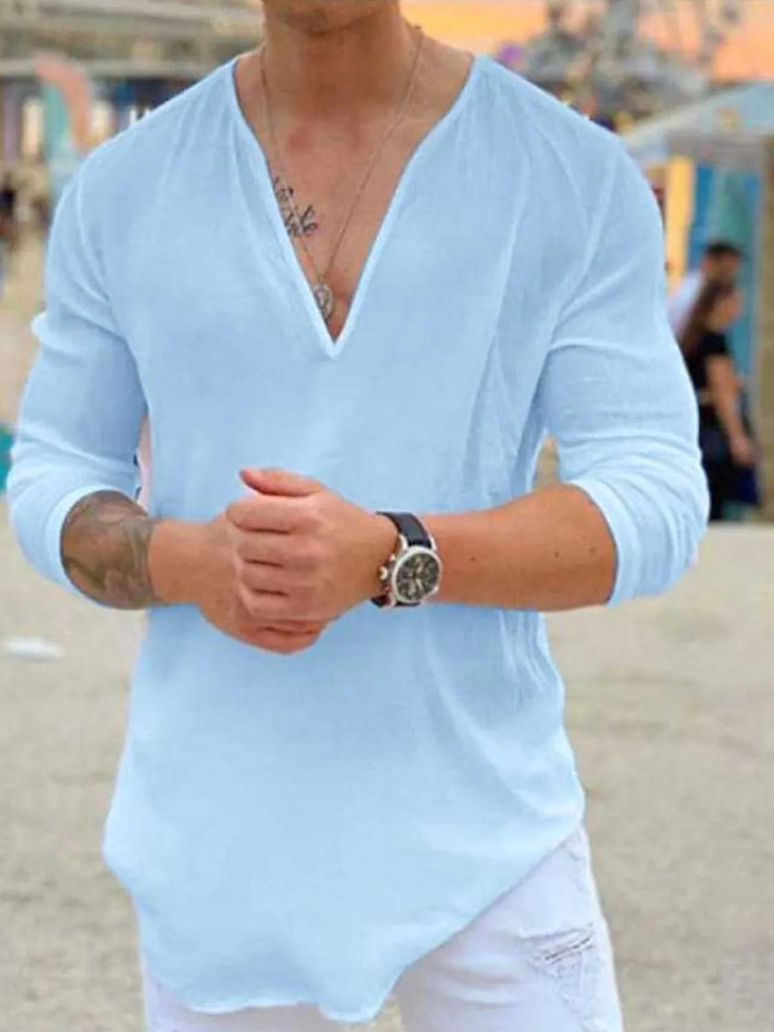 Men's Full Size V-Neck Long Sleeve Top Plus Size - Treasured Gift's & More