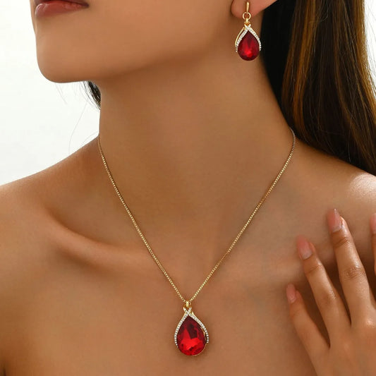 18K Gold-Plated Rhinestone Teardrop Necklace and Earrings Jewelry Set - Treasured Gift's & More