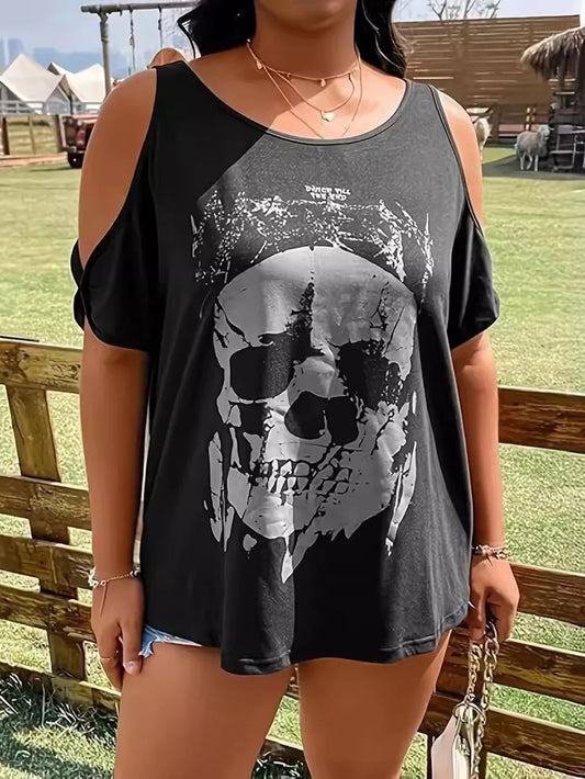 Plus Size Skeleton Graphic Round Neck Cold Shoulder T-Shirt - Treasured Gift's & More