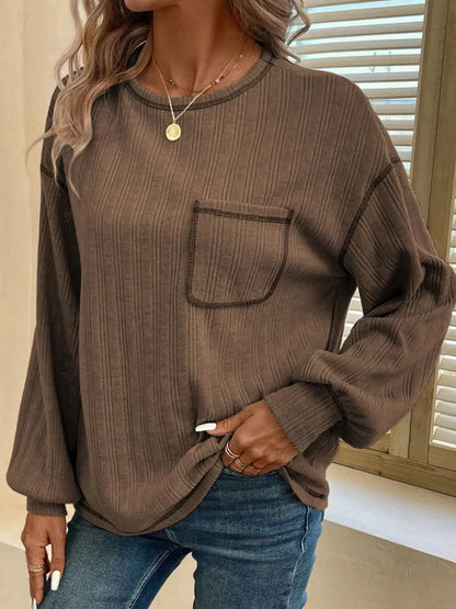 Mandy Contrast Stitching Round Neck Long Sleeve T-Shirt - Treasured Gift's & More