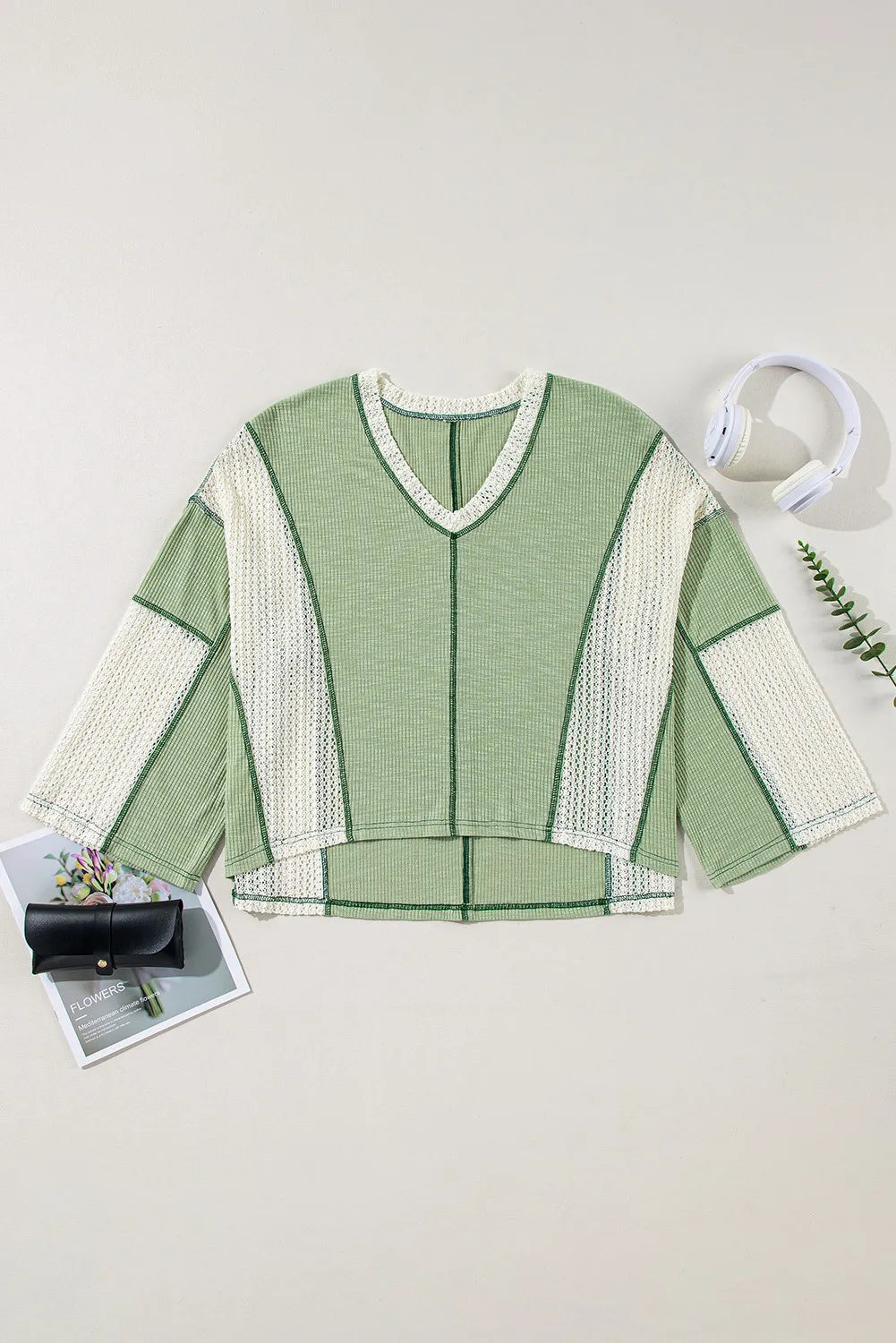 Lace Detail Contrast V-Neck Long Sleeve Blouse - Treasured Gift's & More