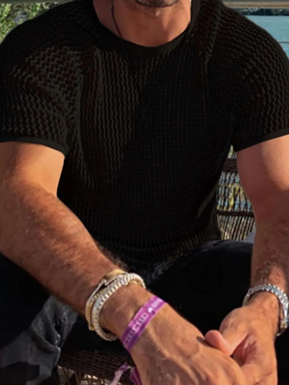 Men's Openwork Round Neck Short Sleeve T-Shirt - Treasured Gift's & More