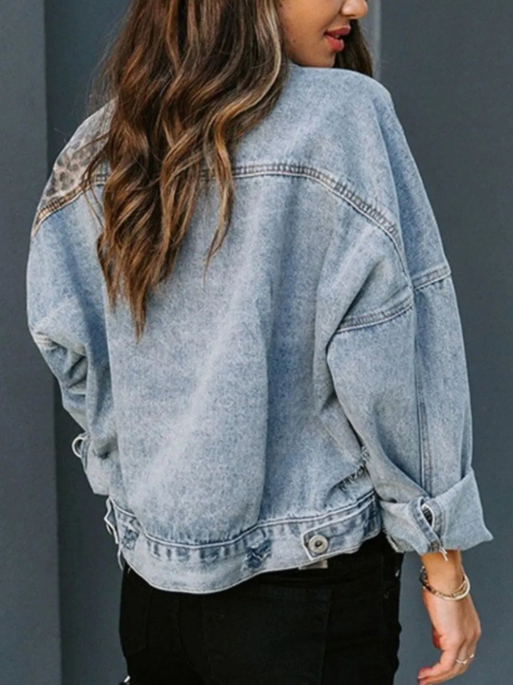Distressed Leopard Drop Shoulder Denim Jacket - Treasured Gift's & More